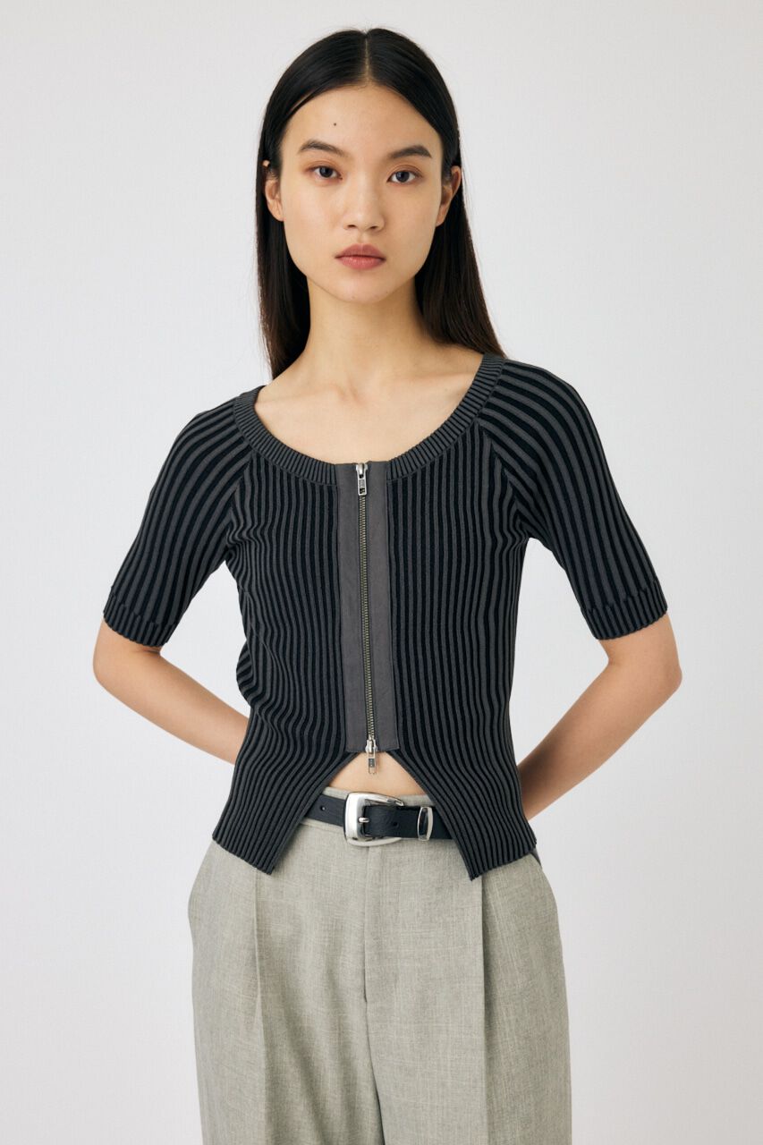 MOUSSY「ZIP UP RIB トップス」|ニット・セーター|BLK