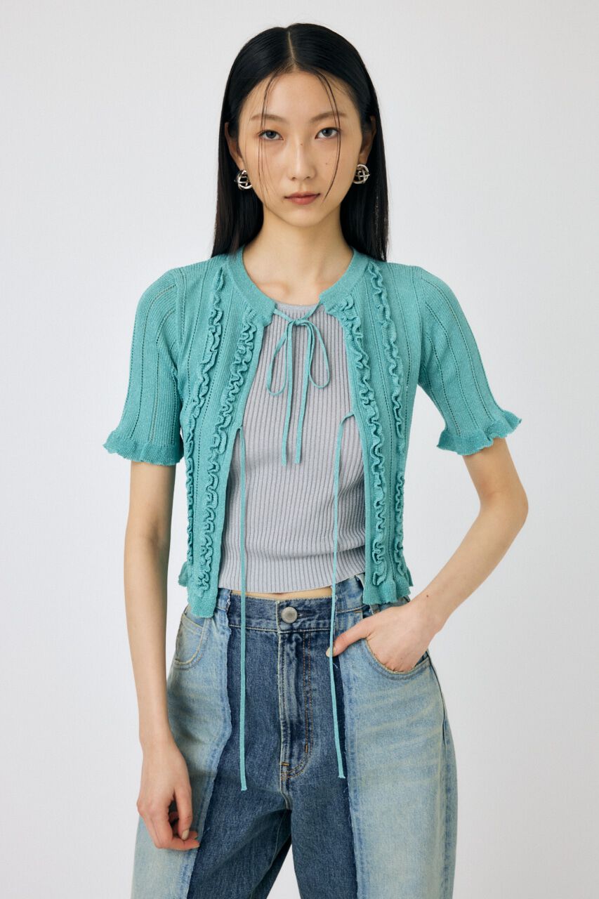 MOUSSY「FRILL STRIPED カーディガン」|ニット・セーター|L/BLU1