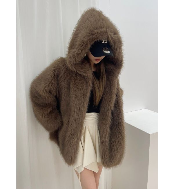 EVRIS「フェイクファーフーディコート」|その他|ブラウン