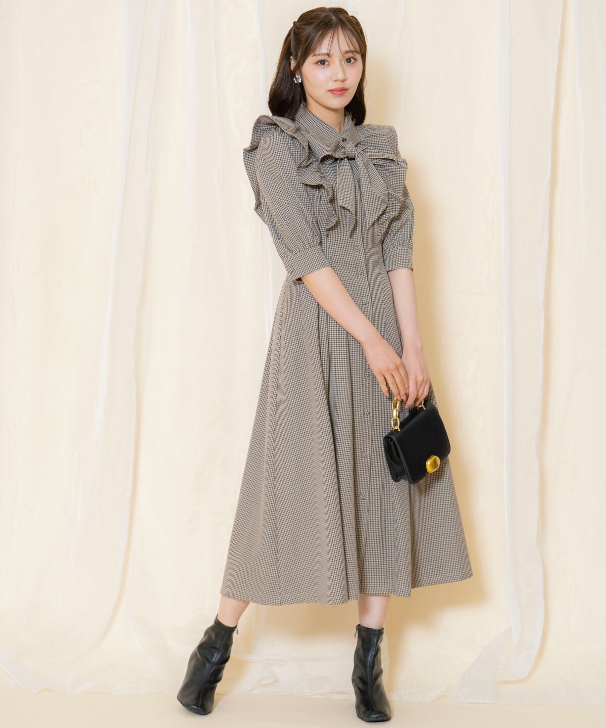 WILLSELECTION「タックウエストフリルシャツワンピース」|ワンピース|茶系チェック