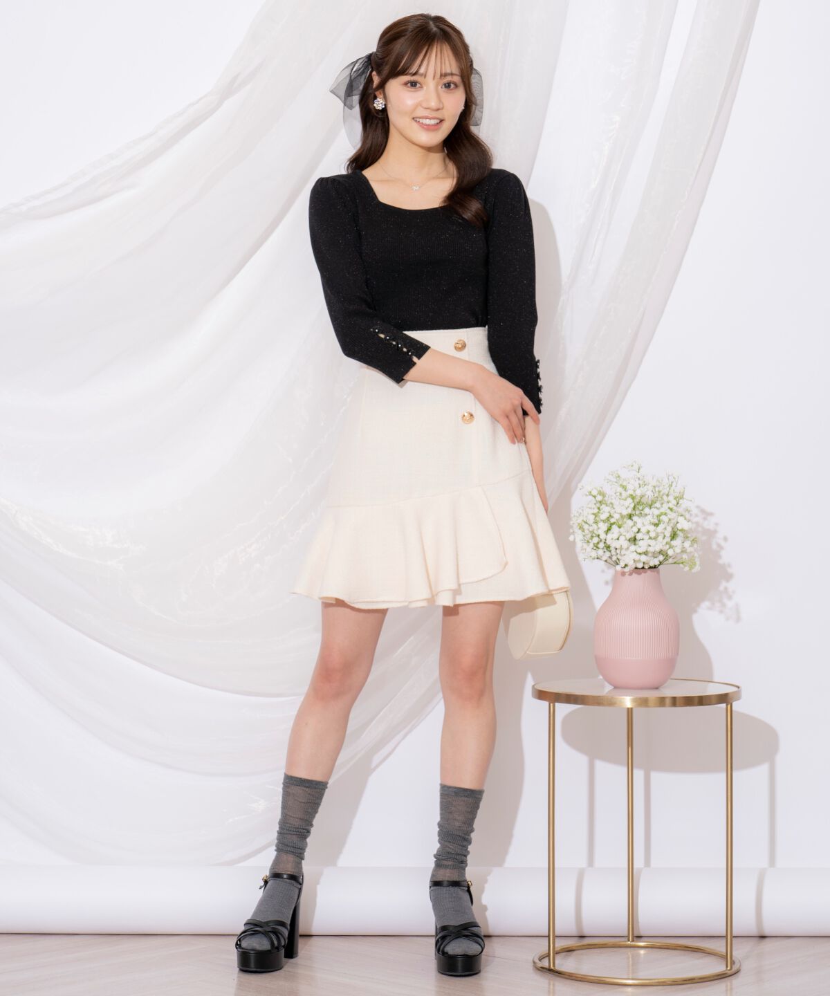 WILLSELECTION「袖フラワーラメ7分袖ニットプルオーバー」|ニット・セーター|