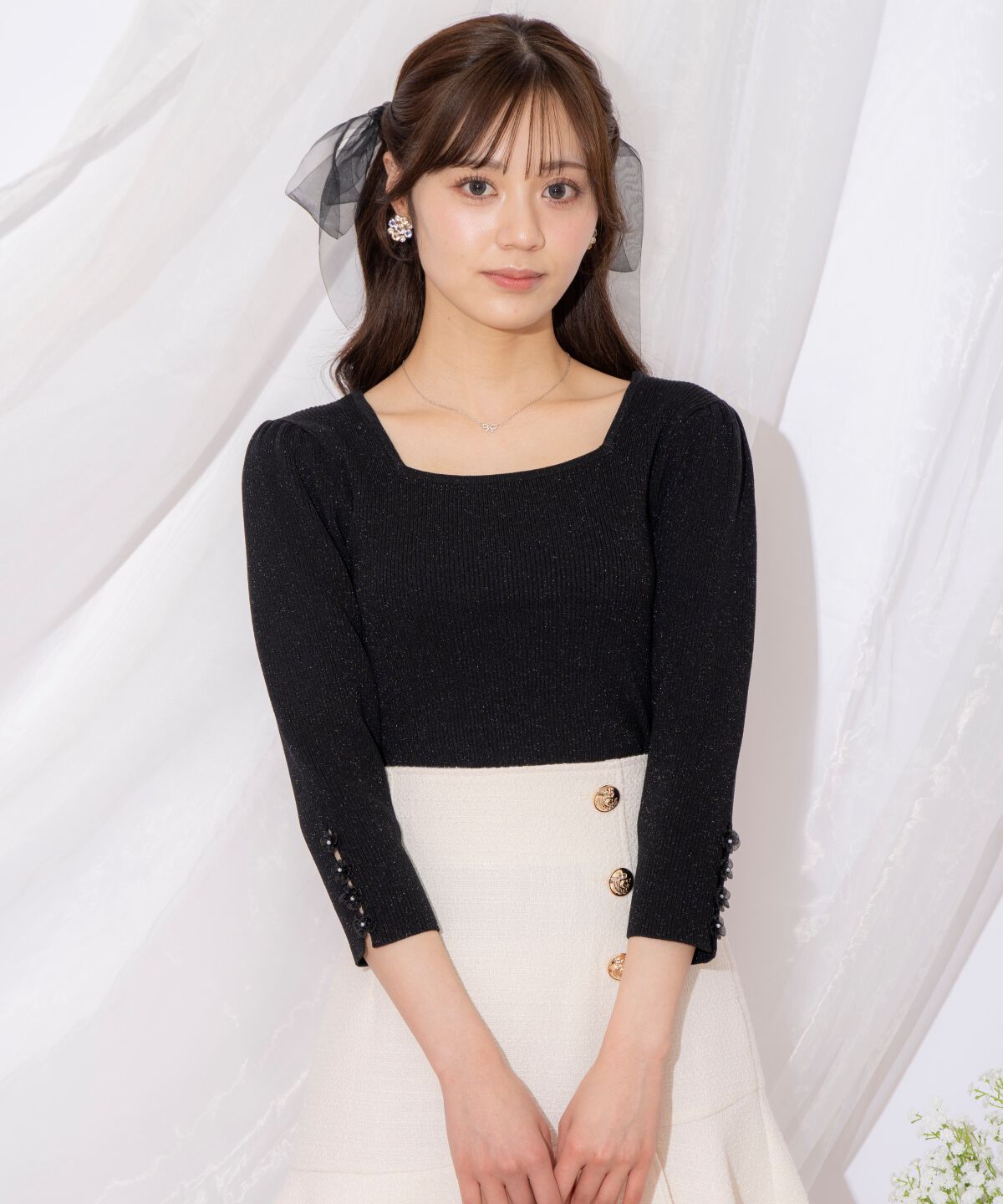 WILLSELECTION「袖フラワーラメ7分袖ニットプルオーバー」|ニット・セーター|