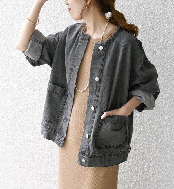 SHIPS any「SHIPS any: ノーカラー デニム ブルゾン［SHIPS any DENIM］」|デニムジャケット|ブラック