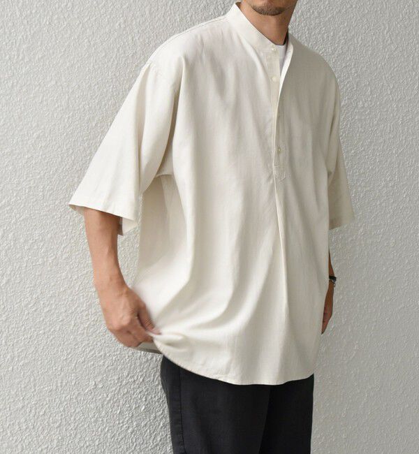 SHIPS any「SHIPS any:〈洗濯機可能〉リネン / レーヨン バンド スキッパー ハーフスリーブ プルオーバー シャツ◇」|シャツ・ブラウス|ベージュ