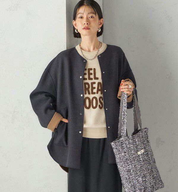 シップス　ショートコート　ノーカラー　リバーシブル　ネイビー セミ 梳毛 配色 リバーシブル ノーカラー ショート コート（ノーカラー