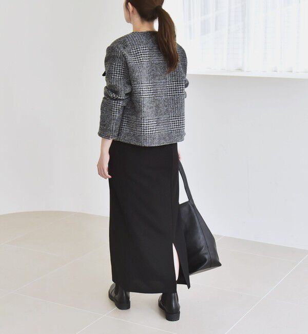 quaranciel「quaranciel: ボンディング チェック ノーカラー ショート ジャケット」|ノーカラーコート|