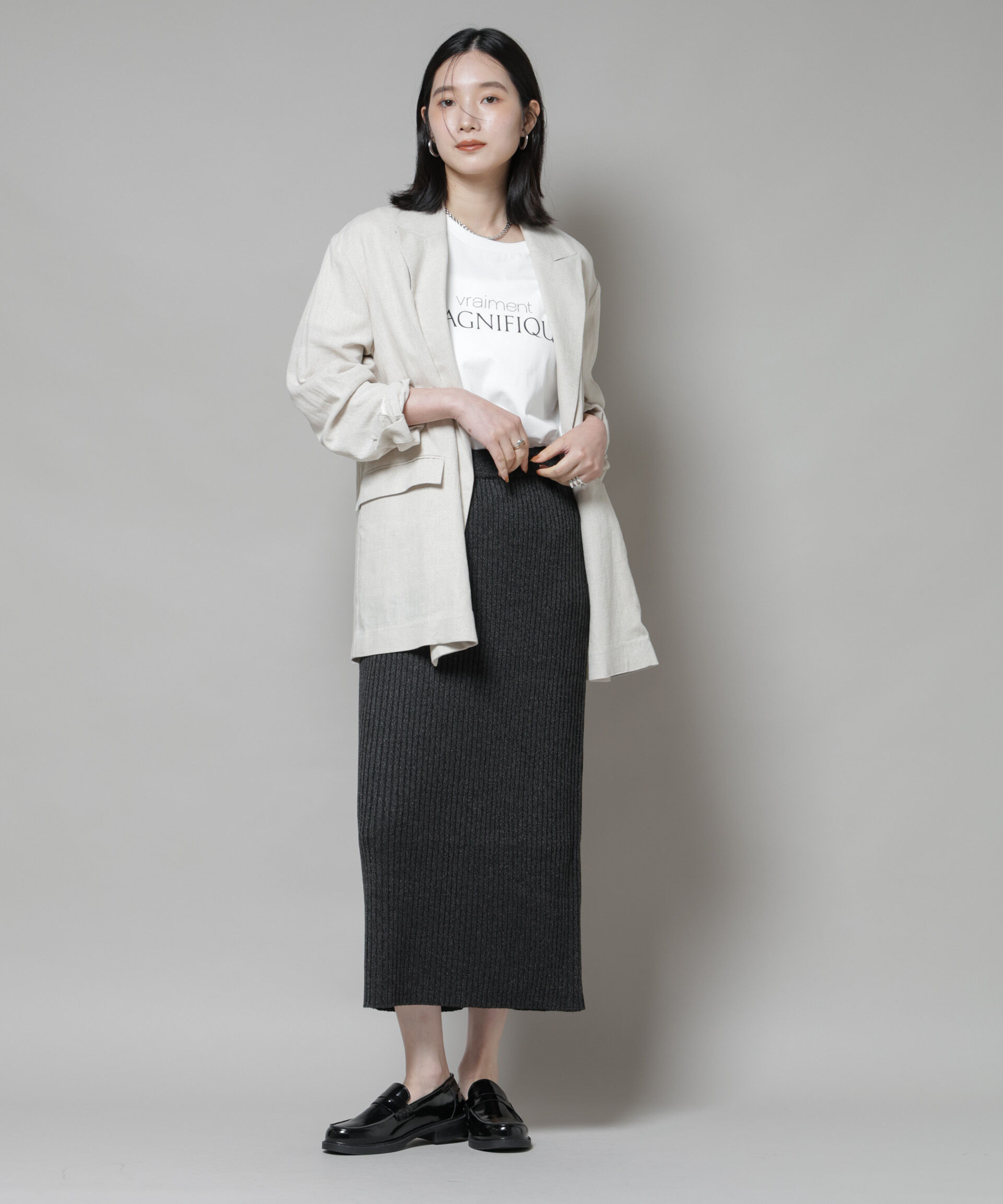  「メランジリブタイトスカート(セットアップ可)」|タイト|