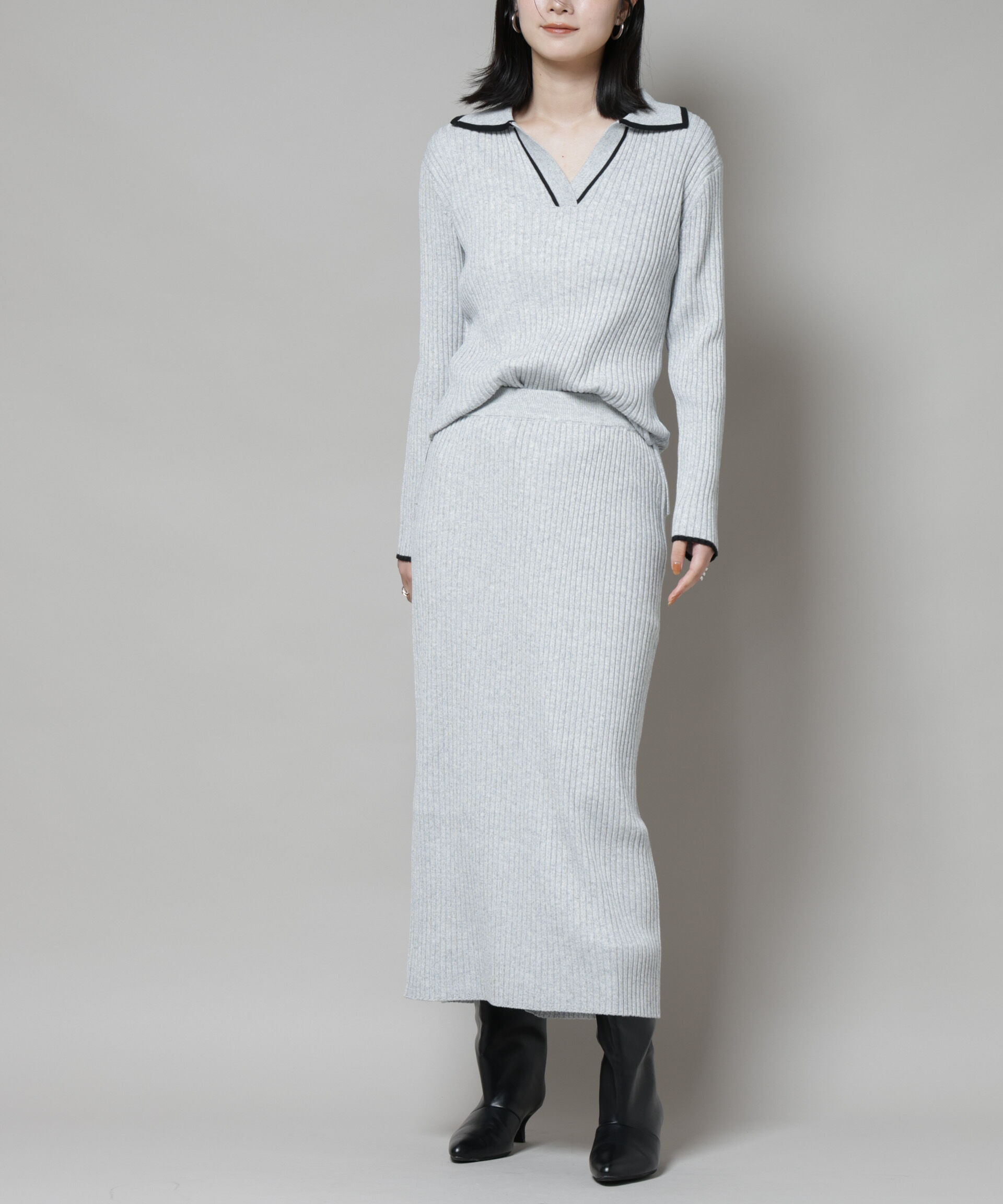  「メランジリブタイトスカート(セットアップ可)」|タイト|L.グレー1