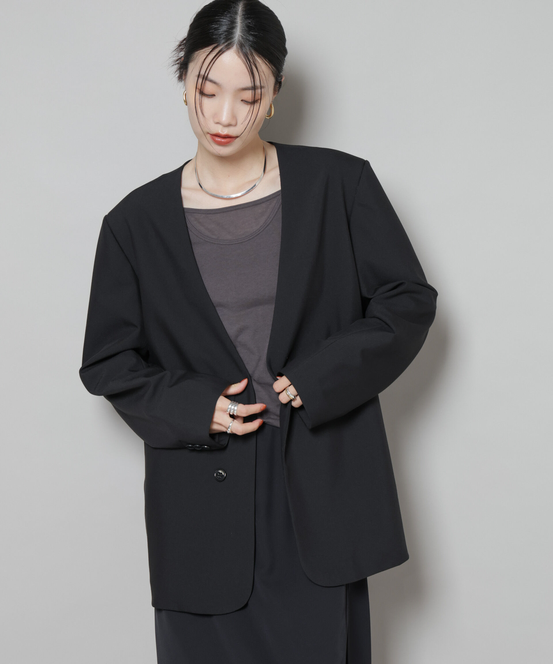 nano･universe「カラーレスワイドショルダージャケット(セットアップ可)」|テーラードジャケット|ブラック