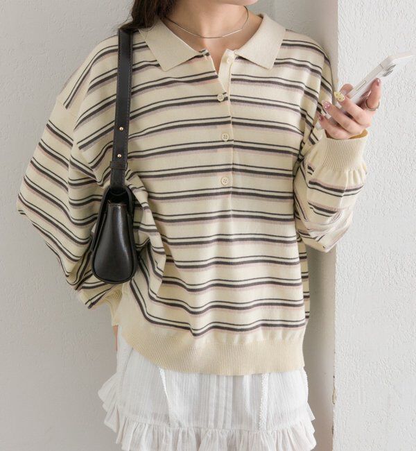  「マルチボーダーポロニット」|ニット・セーター|アイボリー