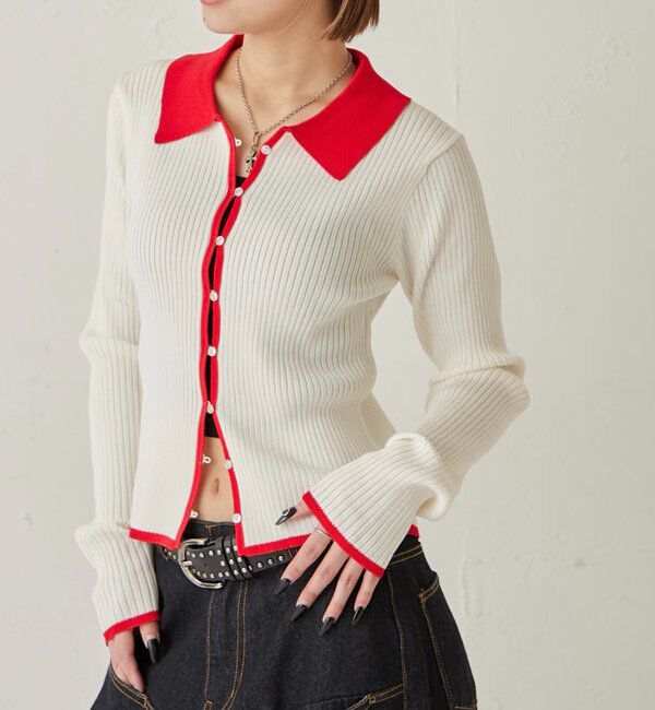  「TWO-TONE COLLARED RIB SLIM CARDIGAN」|カーディガン|ホワイト