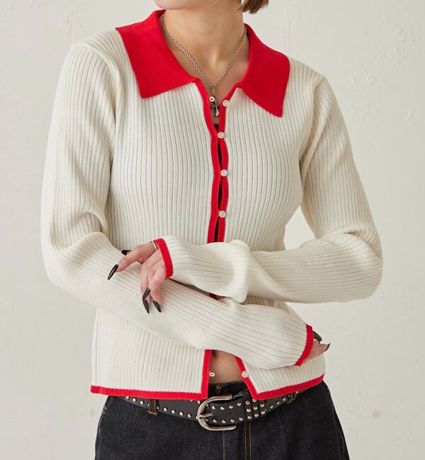 「TWO-TONE COLLARED RIB SLIM CARDIGAN」|カーディガン|