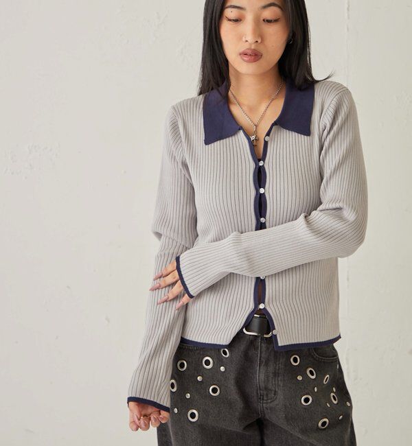  「TWO-TONE COLLARED RIB SLIM CARDIGAN」|カーディガン|