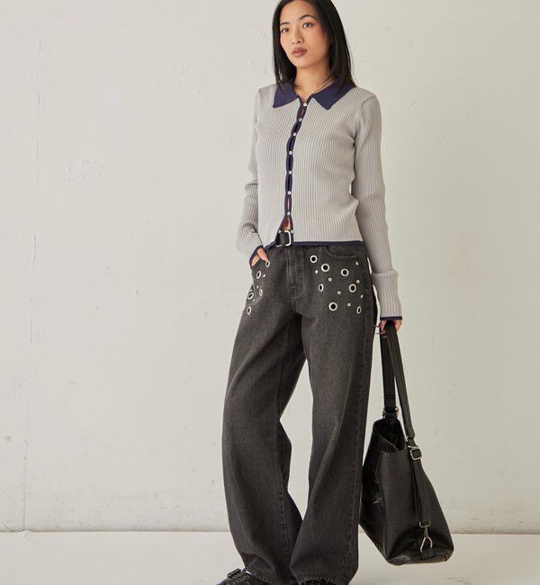  「TWO-TONE COLLARED RIB SLIM CARDIGAN」|カーディガン|