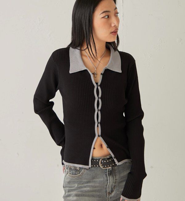  「TWO-TONE COLLARED RIB SLIM CARDIGAN」|カーディガン|