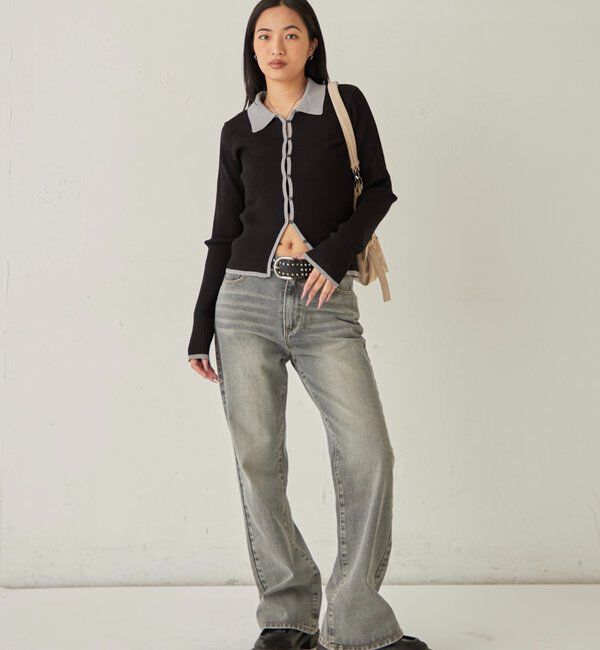  「TWO-TONE COLLARED RIB SLIM CARDIGAN」|カーディガン|