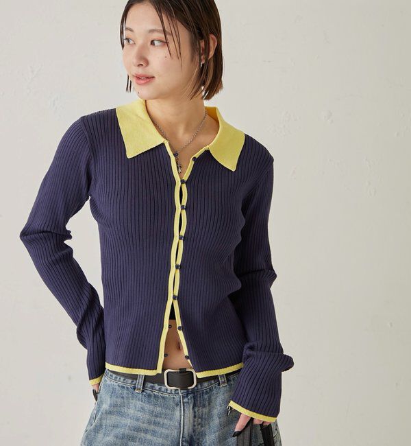 「TWO-TONE COLLARED RIB SLIM CARDIGAN」|カーディガン|