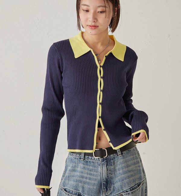  「TWO-TONE COLLARED RIB SLIM CARDIGAN」|カーディガン|