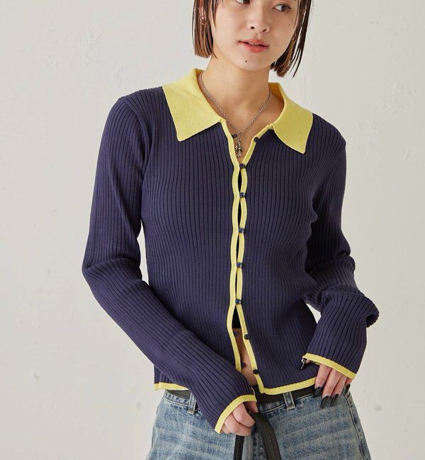  「TWO-TONE COLLARED RIB SLIM CARDIGAN」|カーディガン|
