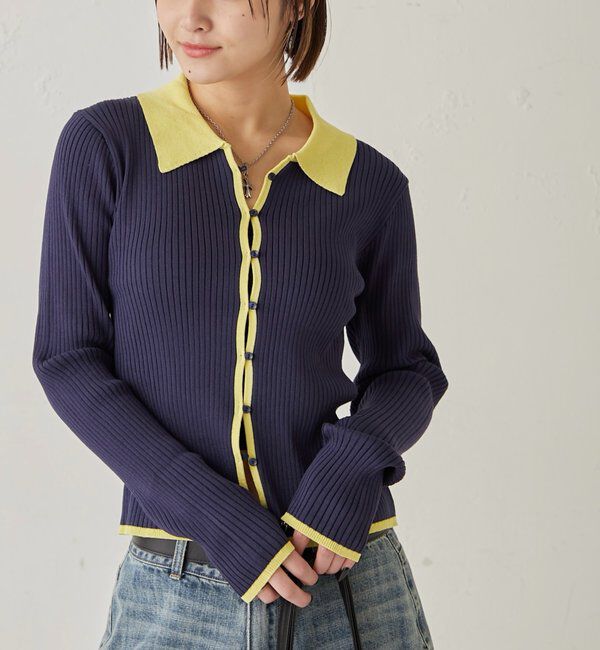  「TWO-TONE COLLARED RIB SLIM CARDIGAN」|カーディガン|