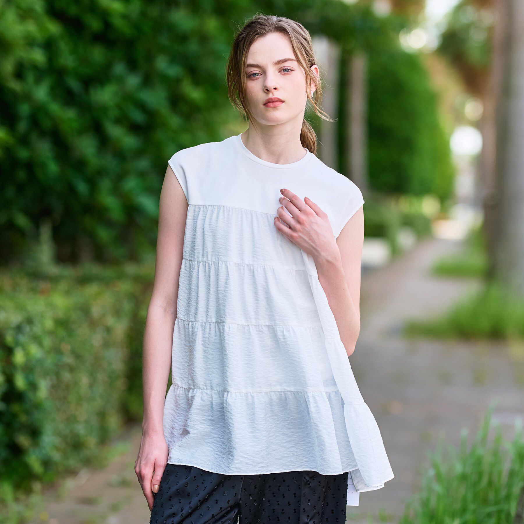 DRESSTERIOR「【接触冷感/イージーケア】ティアードコンビカットソー」|Tシャツ・カットソー|オフホワイト(003