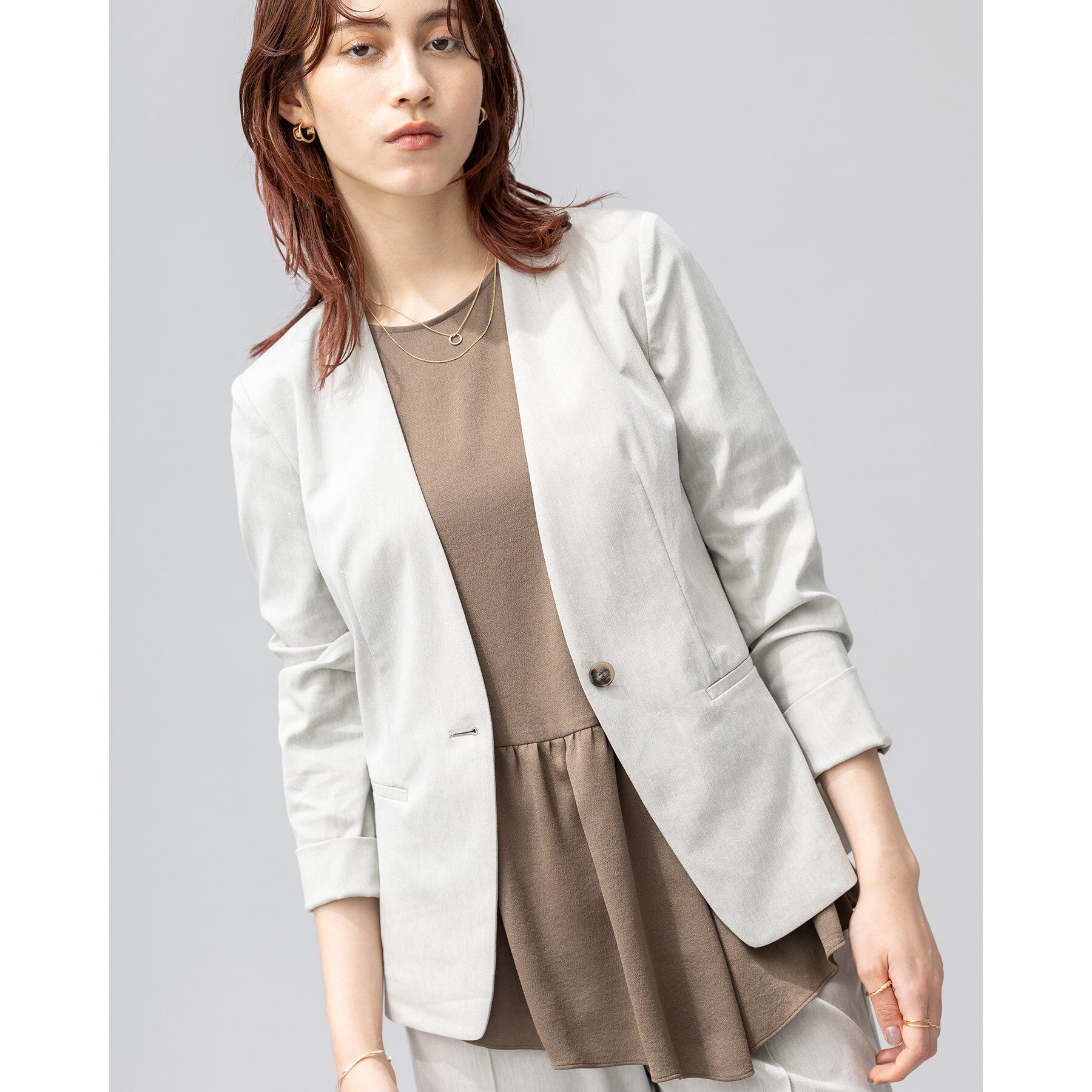 INDIVI「【洗える／UVケア／接触冷感／SETUP可能】麻混ノーカラージャケット」|スーツ|ライトグレー(411