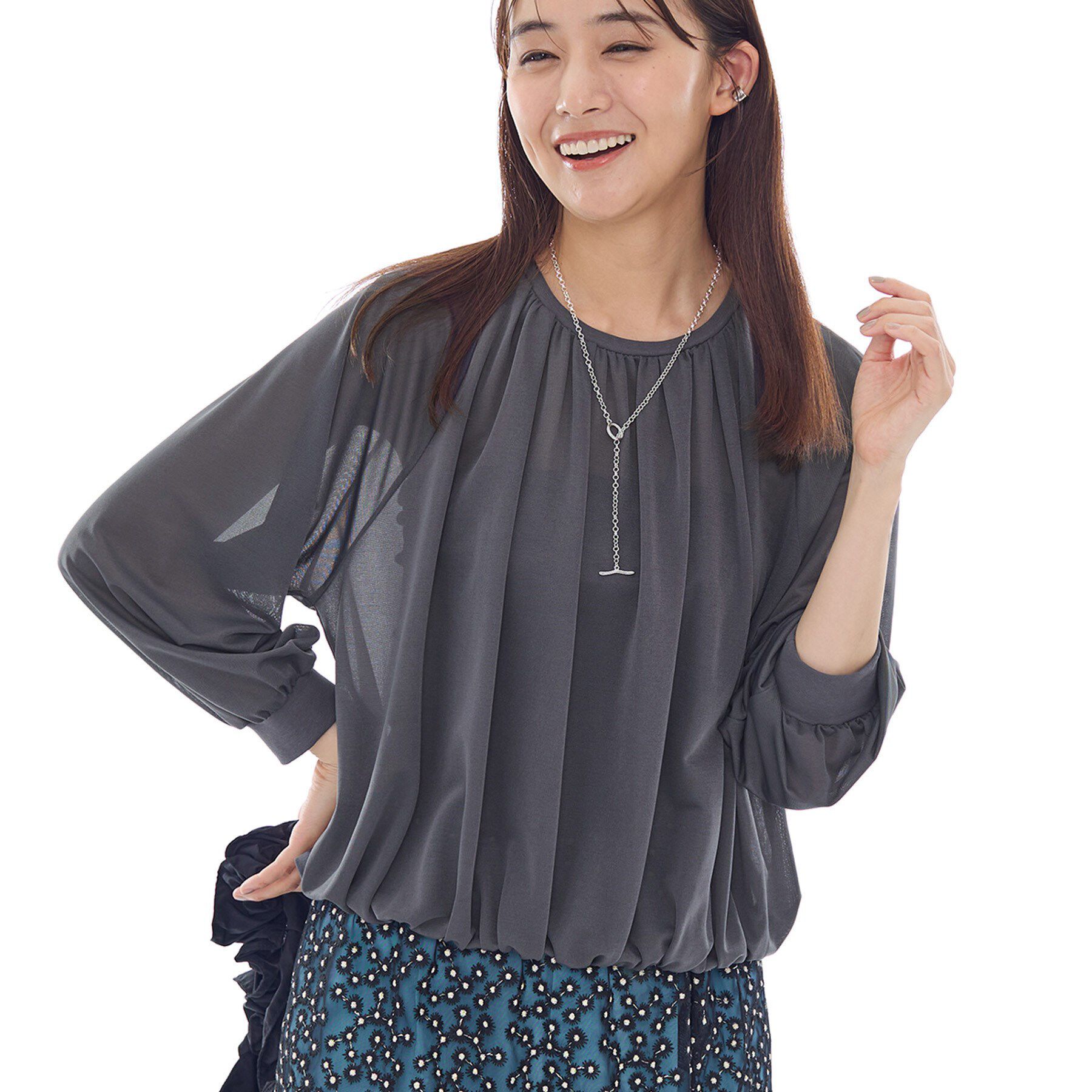 INDIVI「【体型カバー／マシンウォッシュ対応】シアージャージトップス」|Tシャツ・カットソー|チャコールグレー(0