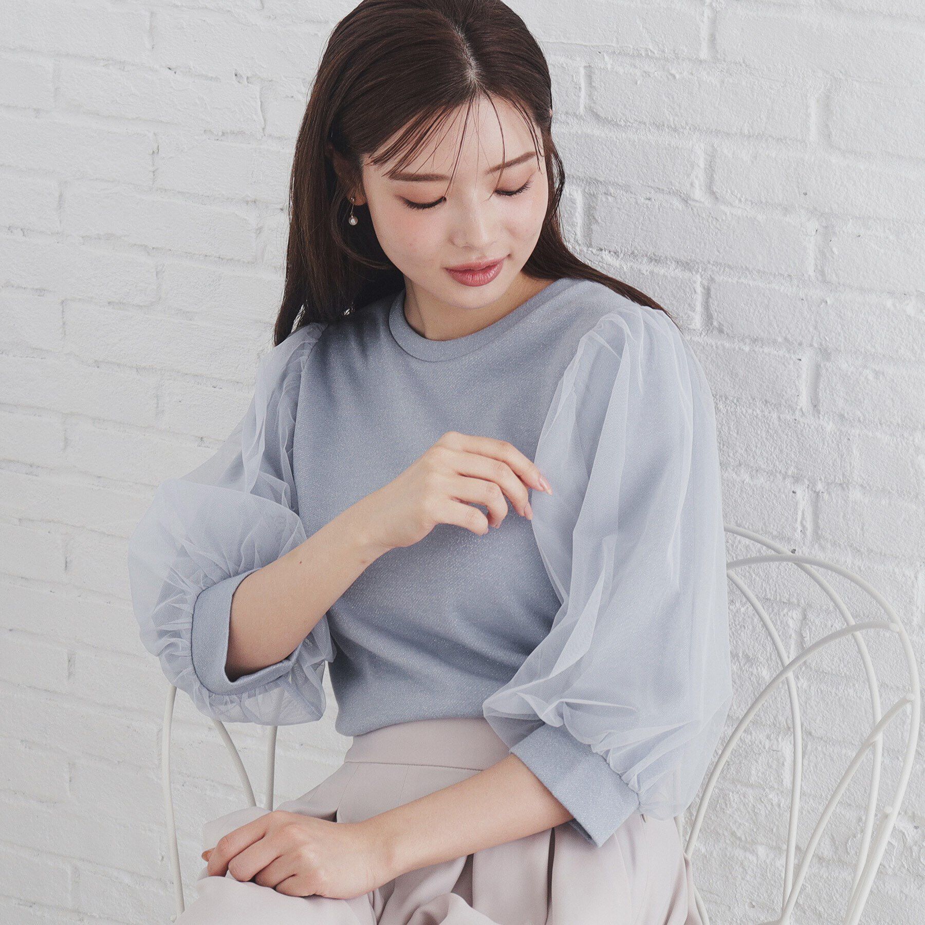 index「チュールドッキングスリーブラメトップス【洗濯機洗い可】」|Tシャツ・カットソー|ブルー(091)