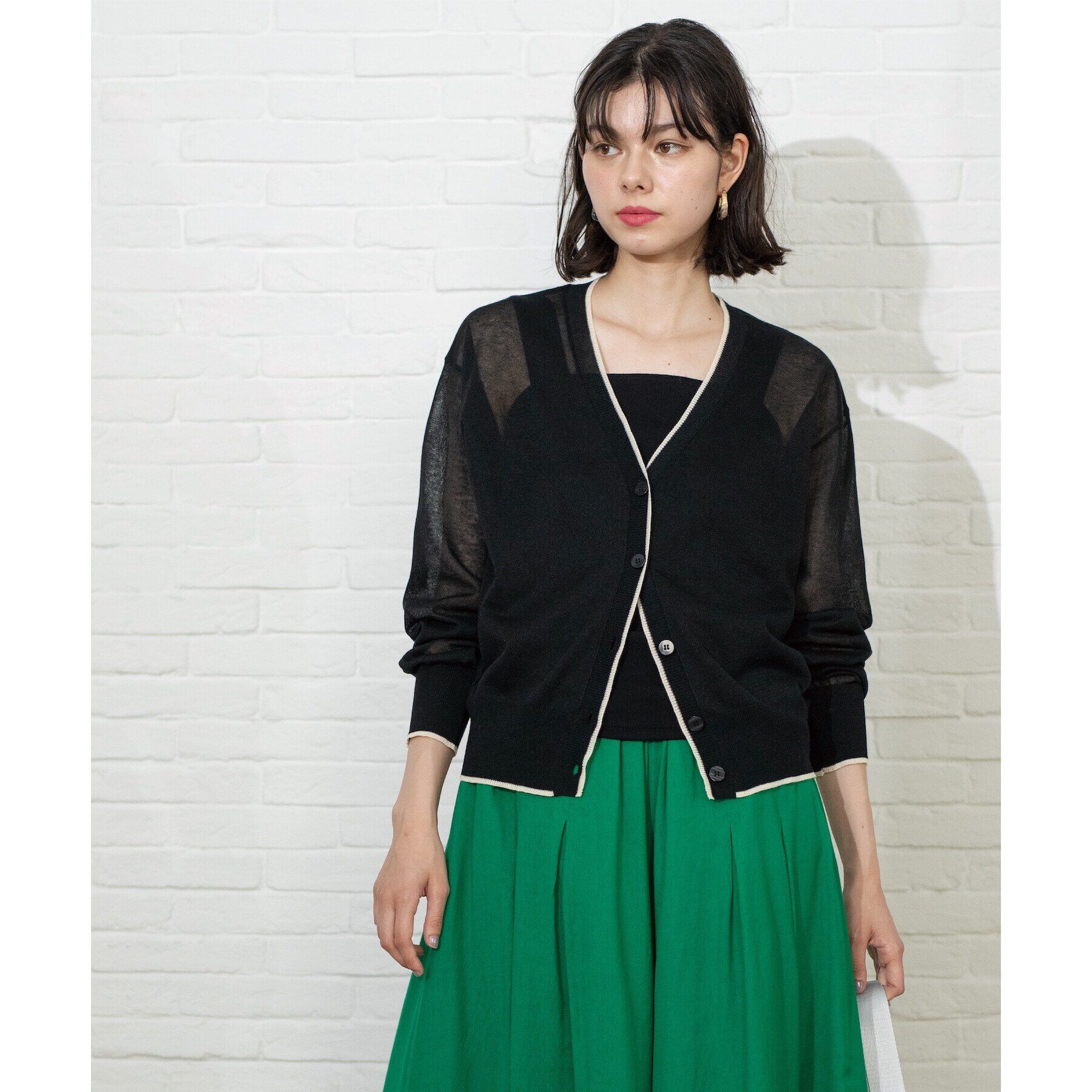 OPAQUE.CLIP「配色ラインVネックシアーカーディガン【洗濯機洗い可】」|カーディガン|