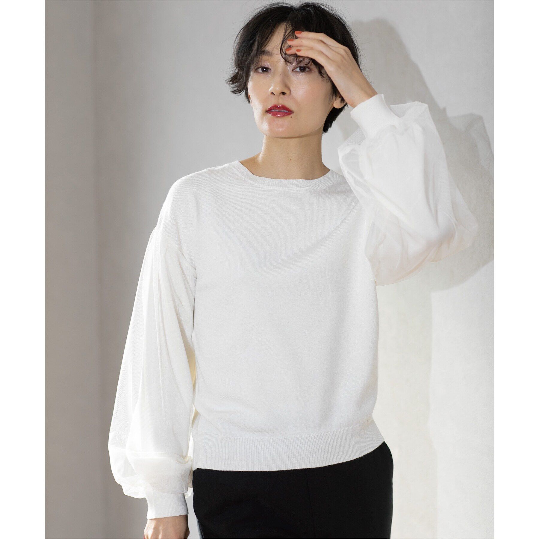 OPAQUE.CLIP「《5color/S-LLsize》チュールドッキングスリーブニット【洗濯機洗い可】」|ニット・セーター|