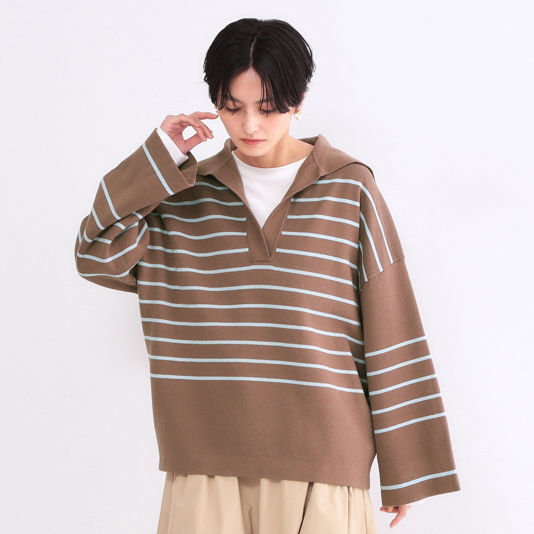 OPAQUE.CLIP「スキッパーセーラーカラーボーダーニット【洗濯機OK】」|ニット・セーター|モカブラウン(342