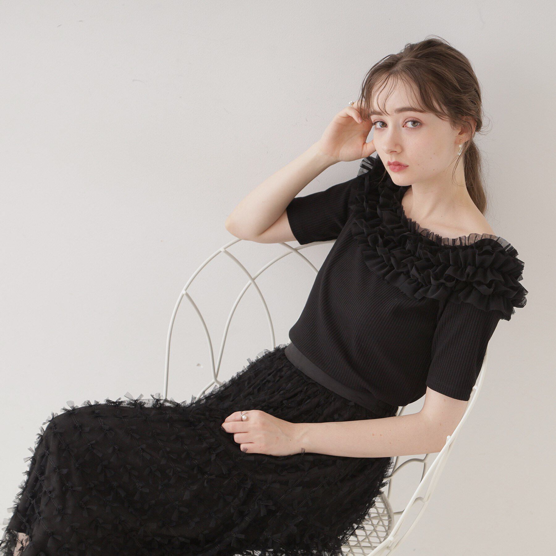 Couture broach「【アンチピリング・マシンウォッシャブル・オトナ可愛い】チュールフリルテレコトップス」|Tシャツ・カットソー|ﾌﾞﾗｯｸ(019)