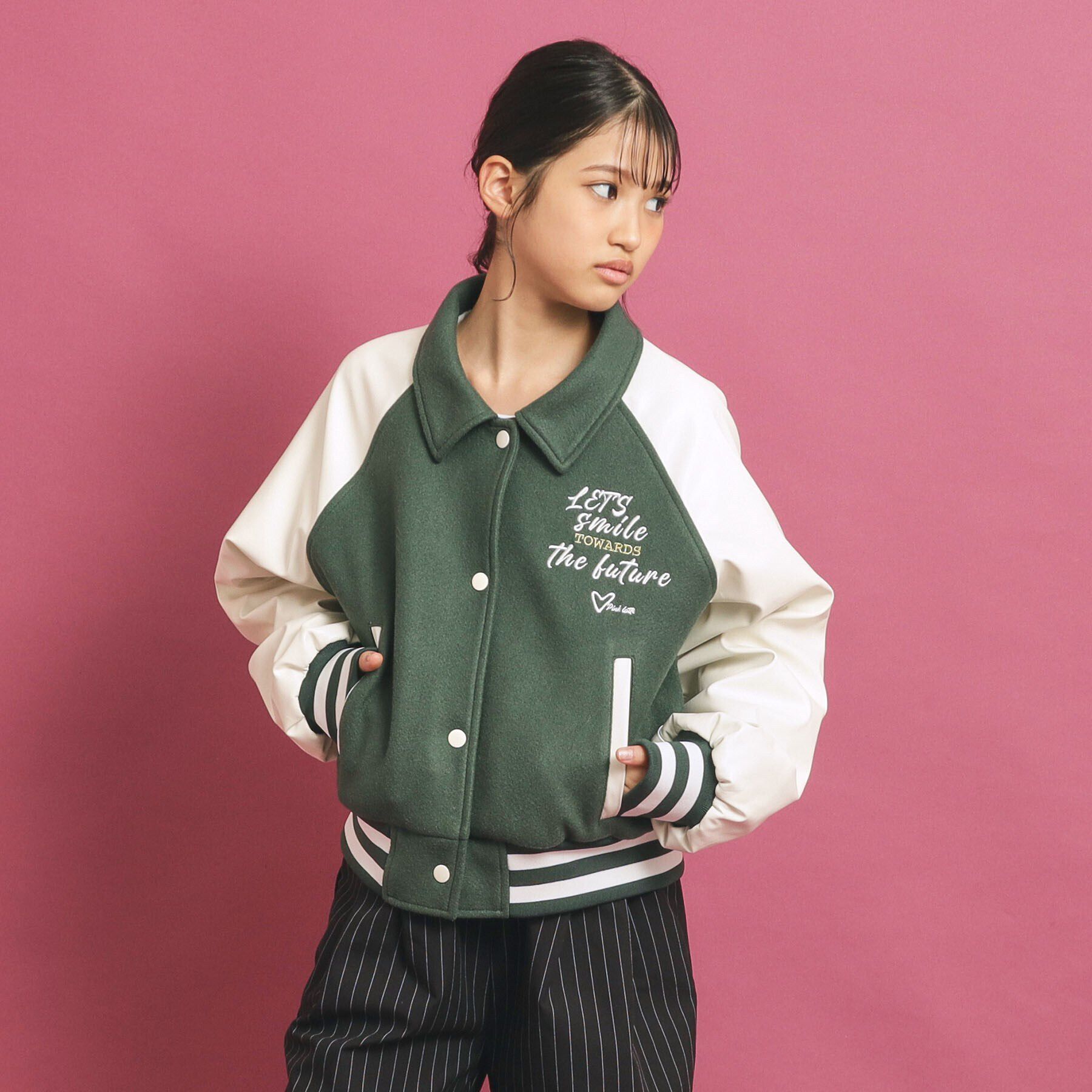 PINK-latte「短丈！スタジャン」|ブルゾン・スタジャン|グリーン(004)