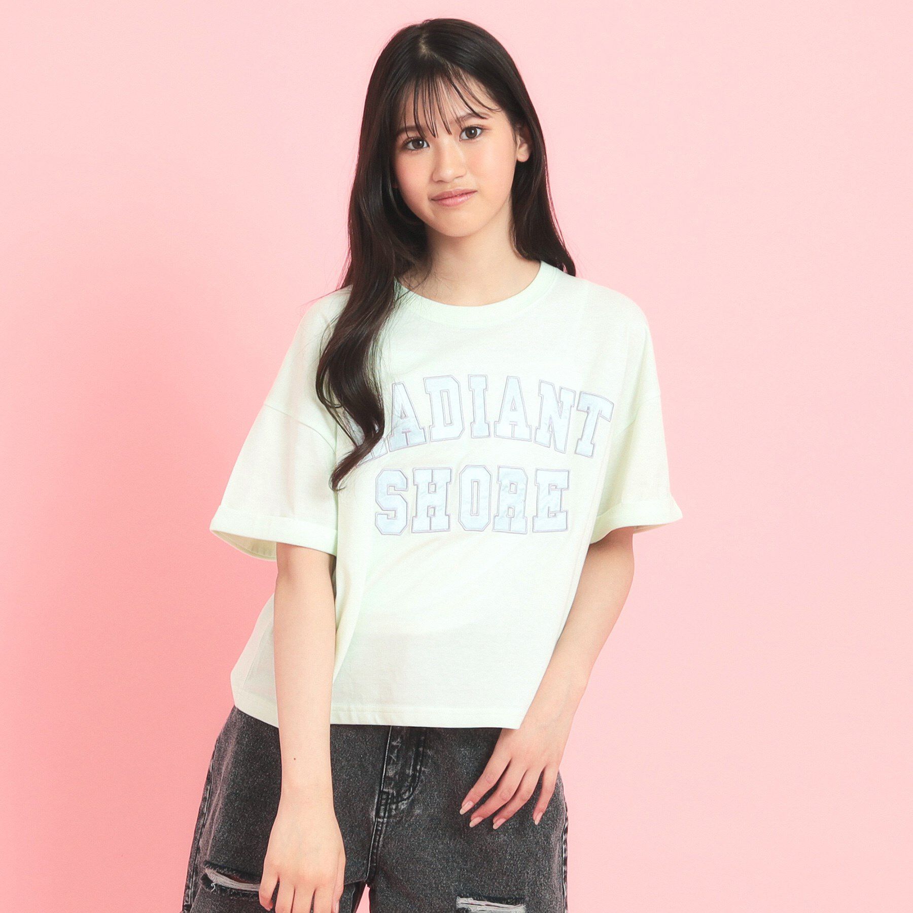 PINK-latte「サテンアップリケカレッジTシャツ」|Tシャツ・カットソー|ミントグリーン(02