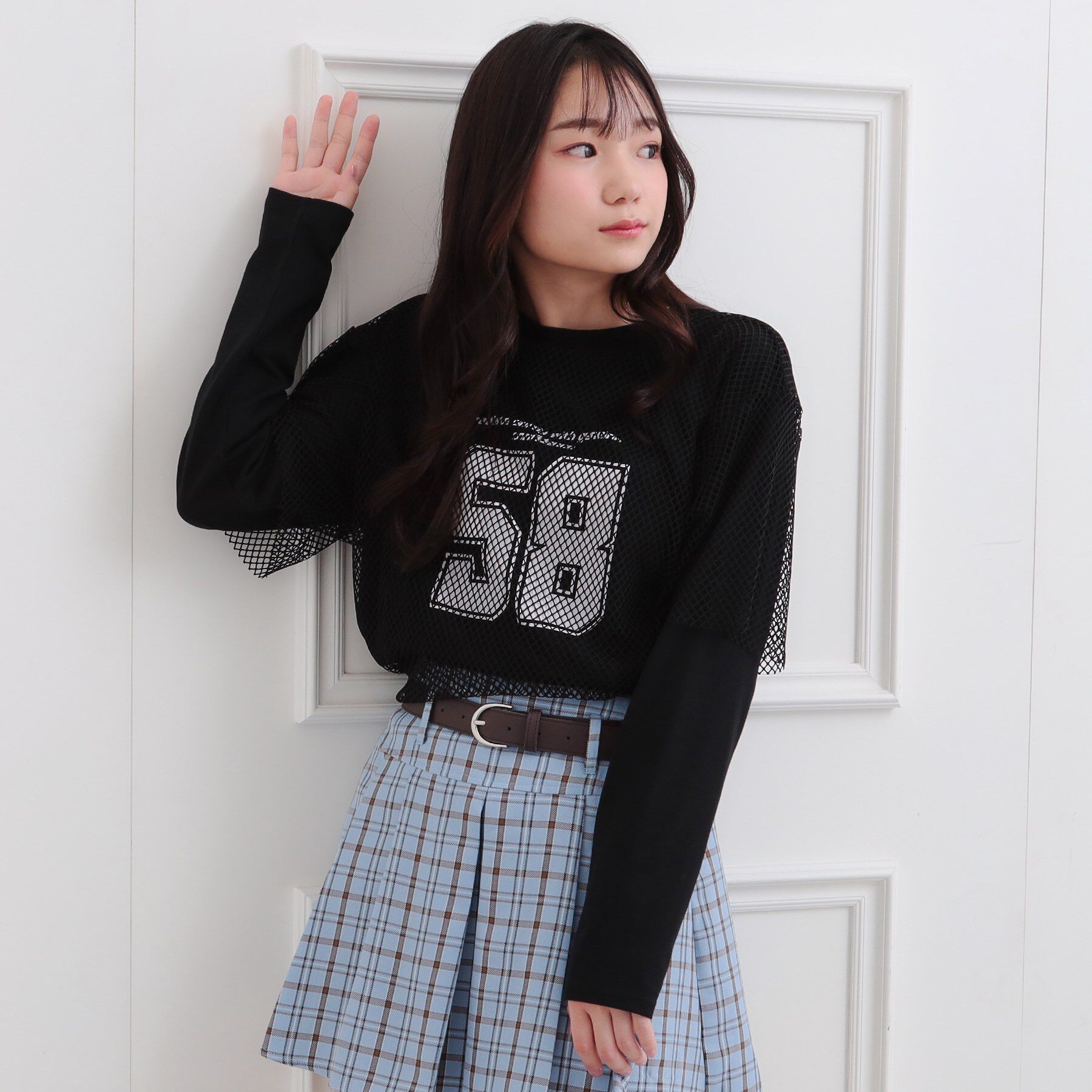 PINK-latte「メッシュレイヤード風ロングT」|Tシャツ・カットソー|ブラック(019)