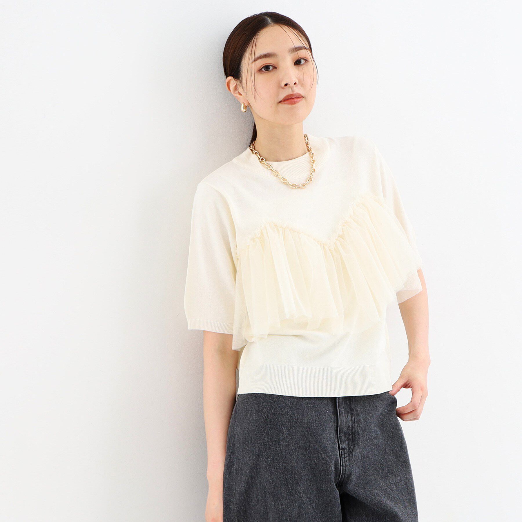 THE SHOP TK「【大人チュール使い】5分袖チュール切替ニット/洗える」|ニット・セーター|