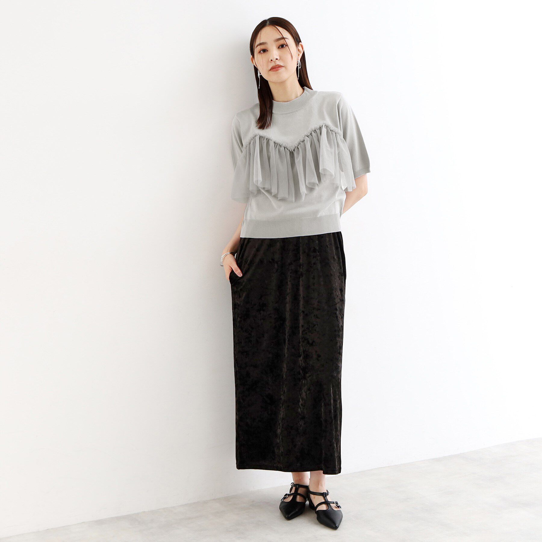 THE SHOP TK「【大人チュール使い】5分袖チュール切替ニット/洗える」|ニット・セーター|