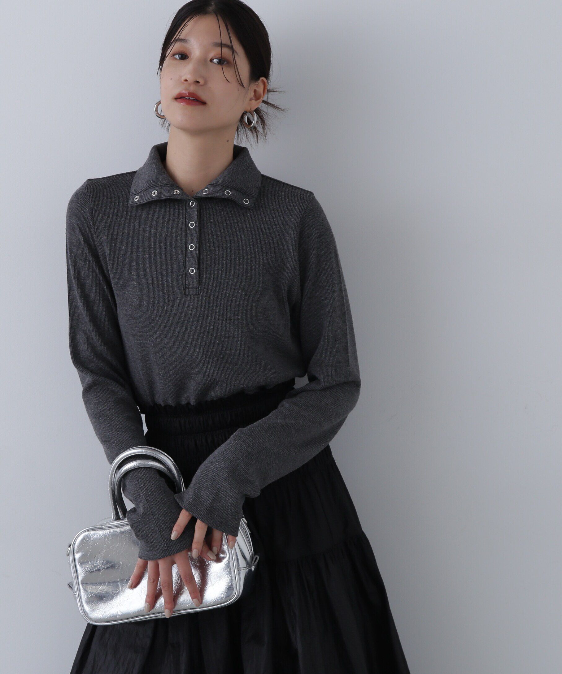  「ヘンリースナップボタンカットソー」|Tシャツ・カットソー|チャコール1