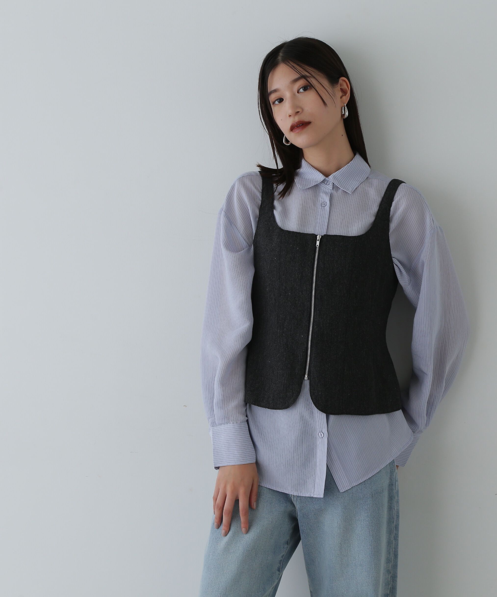  「ツイードジップビスチェ&times;ストライプシャツセット」|シャツ・ブラウス|