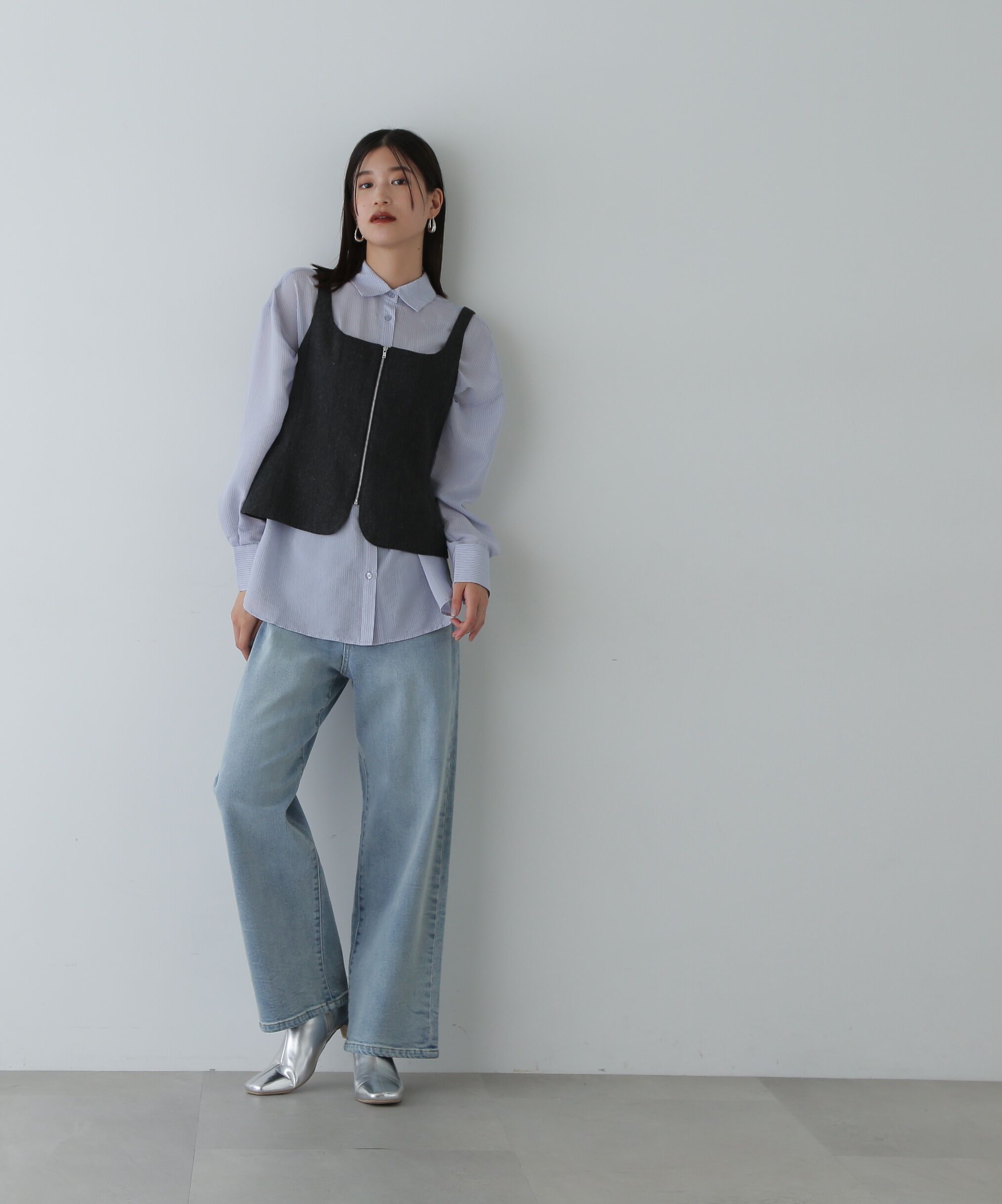  「ツイードジップビスチェ&times;ストライプシャツセット」|シャツ・ブラウス|