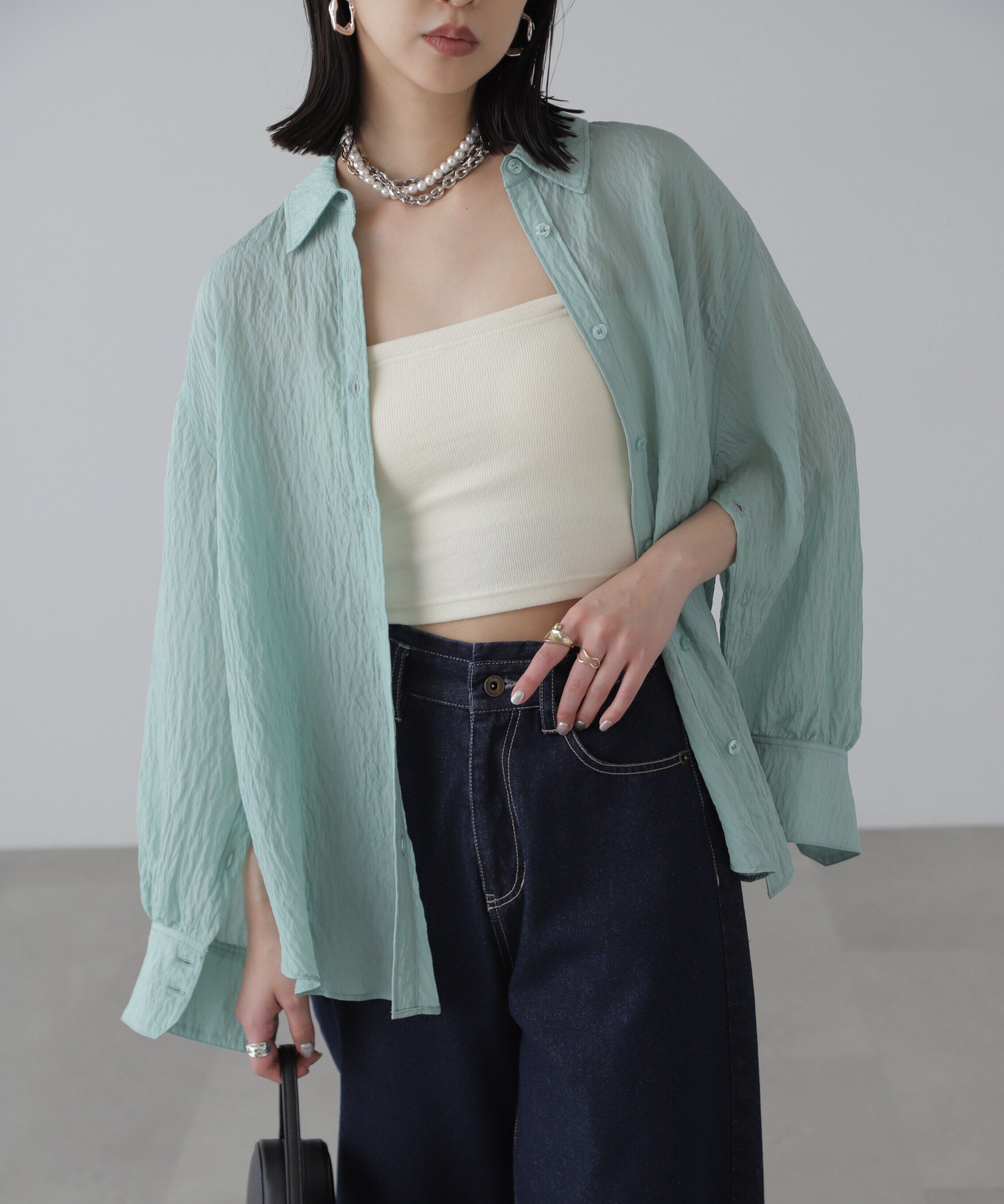  「袖スリットルーズシャツ」|シャツ・ブラウス|ライトグリー