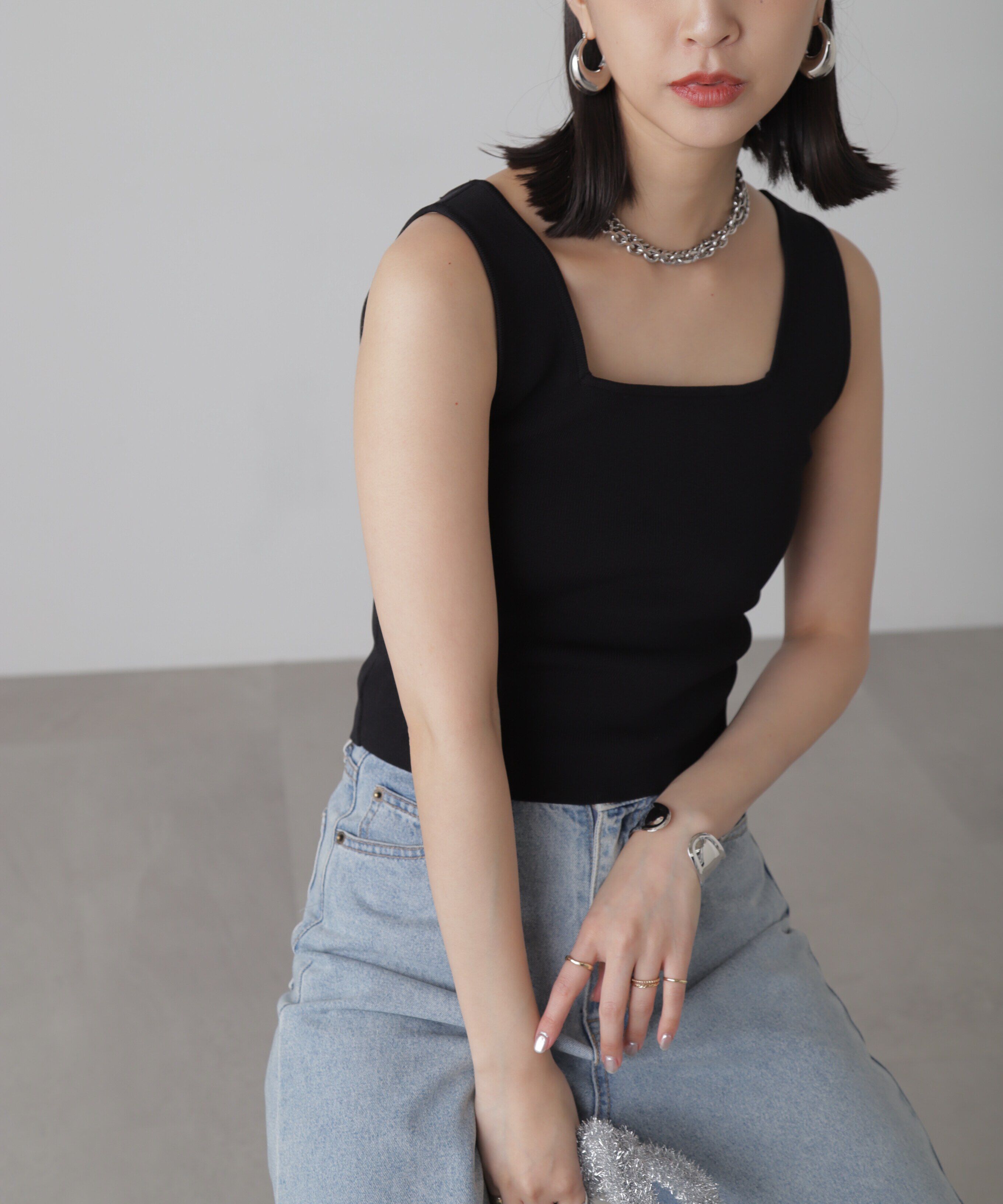  「［洗える］マシンウォッシャブル総針スクエアネックタンクニット」|ニット・セーター|ブラック