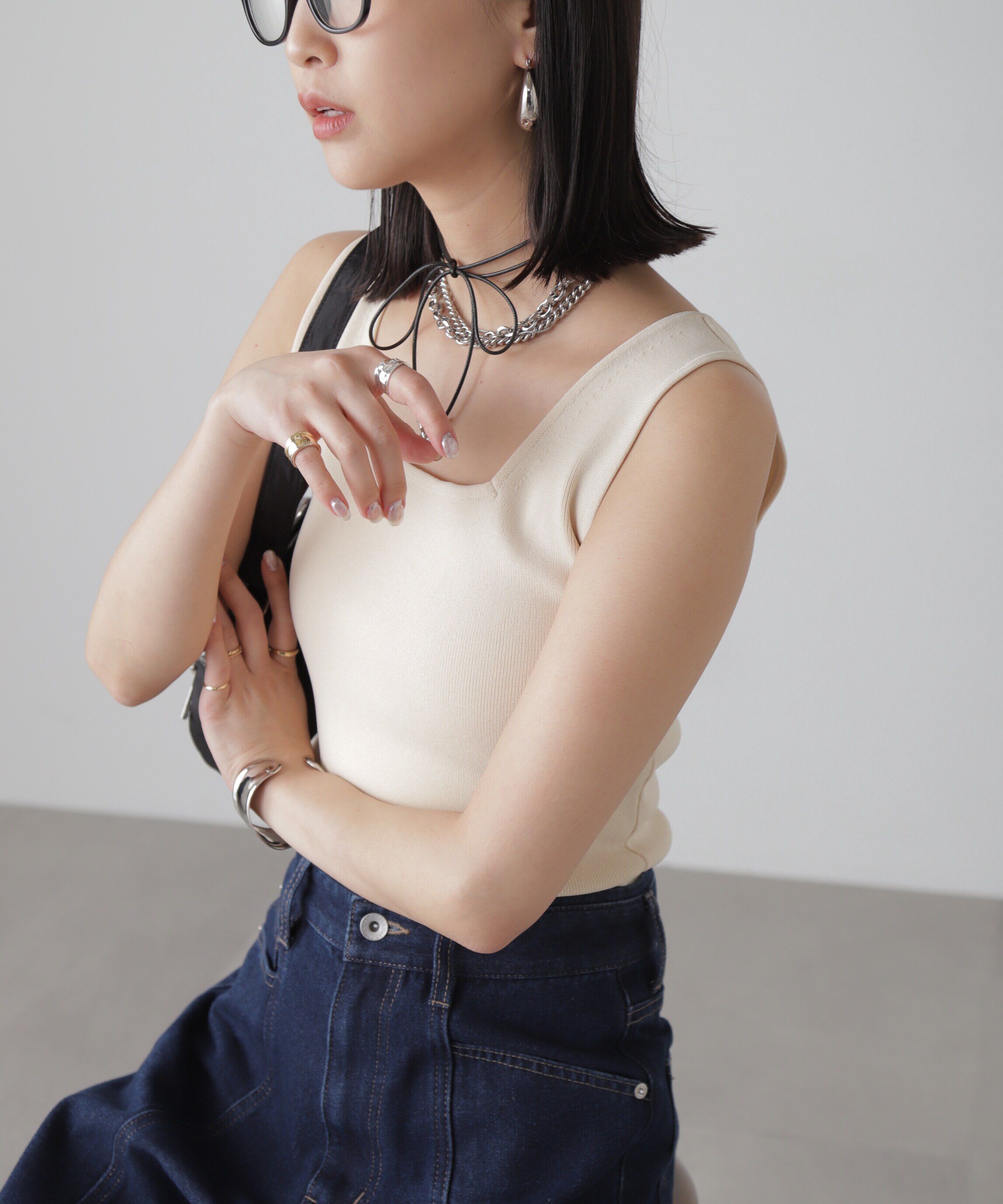  「［洗える］マシンウォッシャブル総針スクエアネックタンクニット」|ニット・セーター|