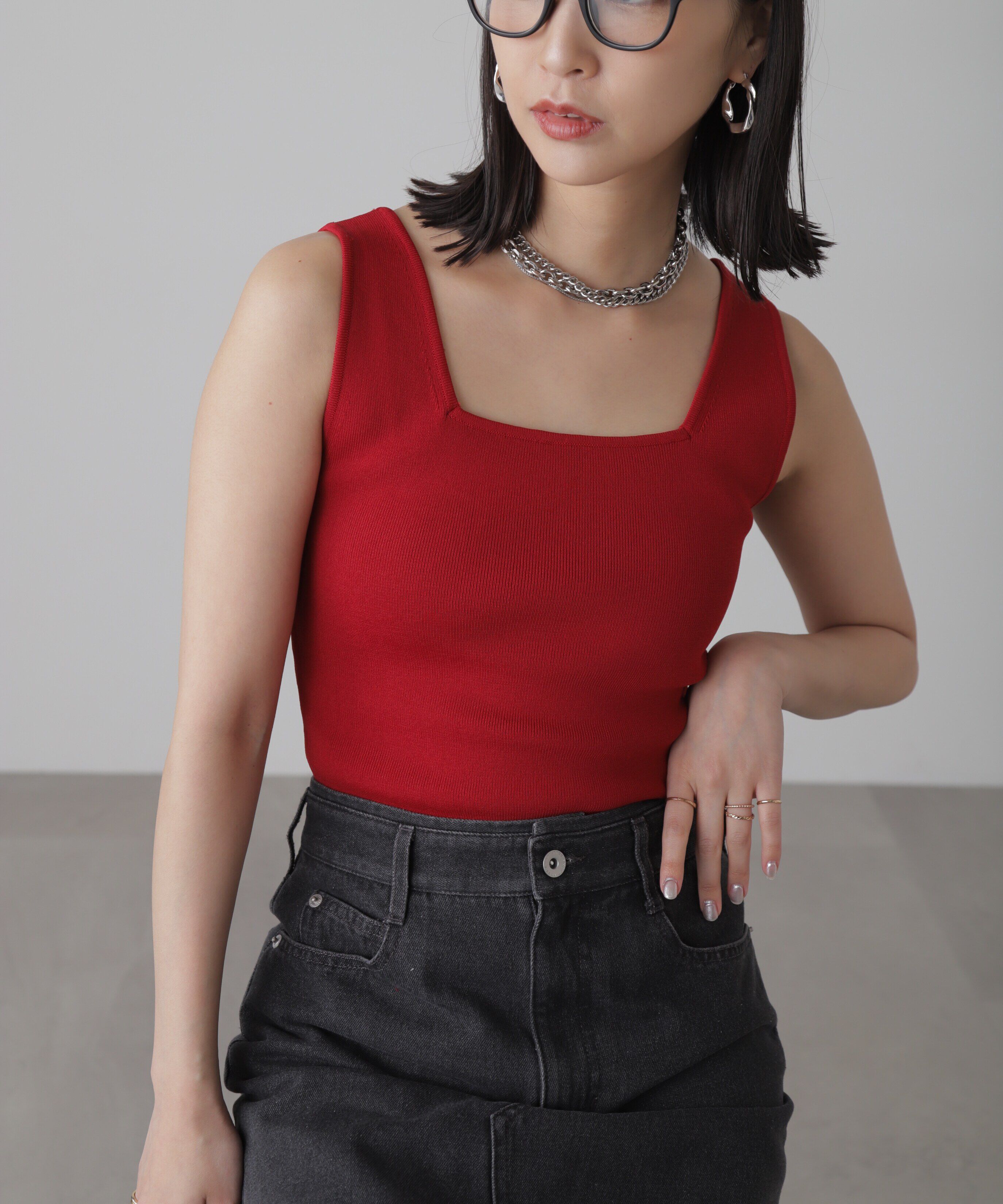  「［洗える］マシンウォッシャブル総針スクエアネックタンクニット」|ニット・セーター|レッド