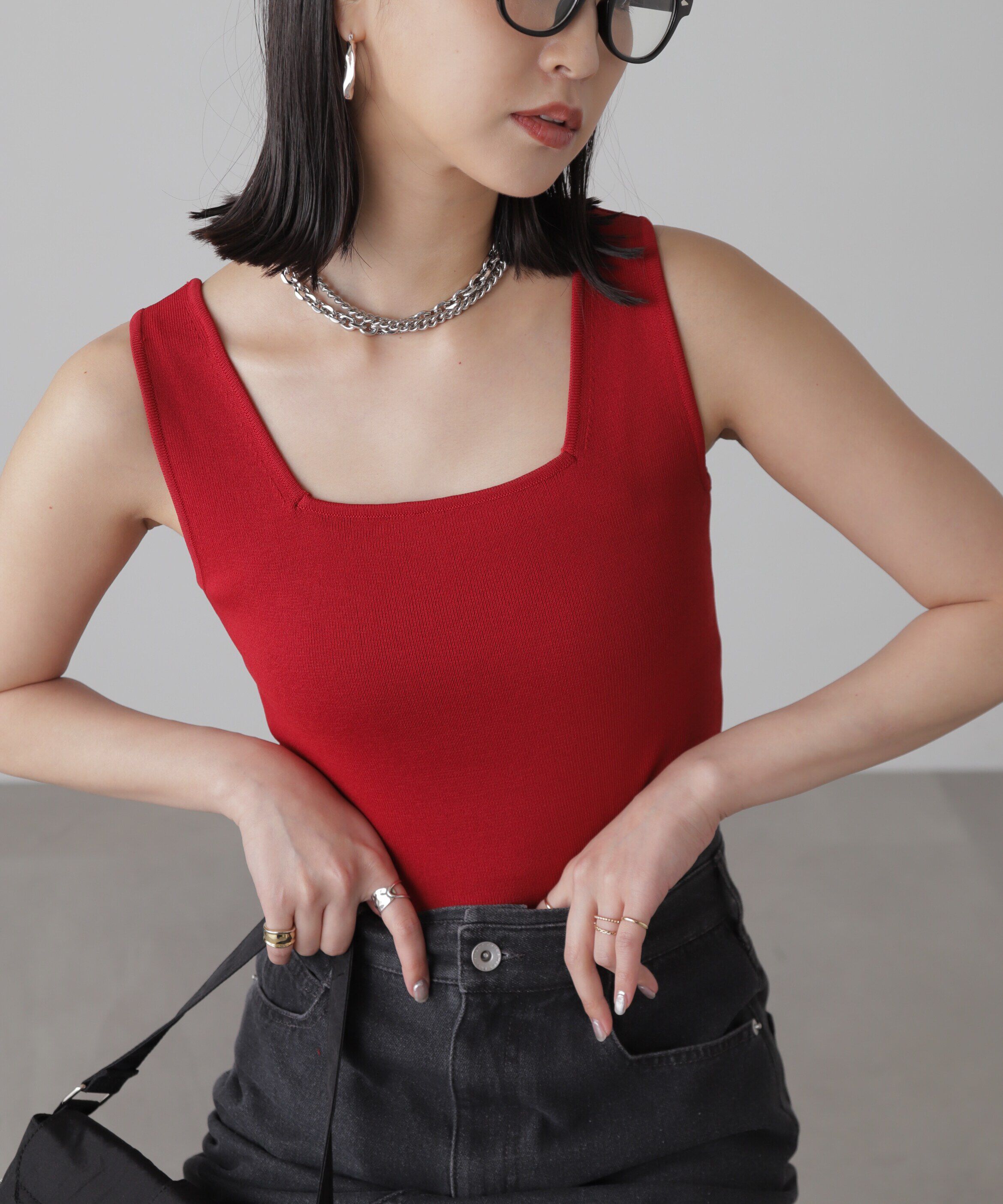  「［洗える］マシンウォッシャブル総針スクエアネックタンクニット」|ニット・セーター|