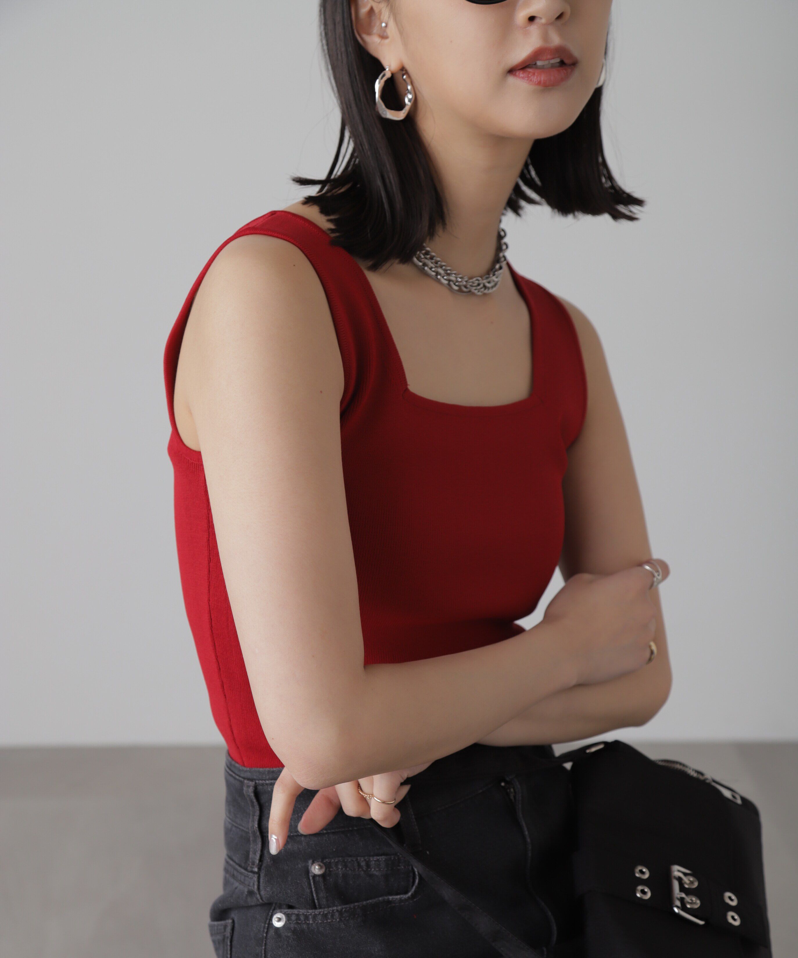  「［洗える］マシンウォッシャブル総針スクエアネックタンクニット」|ニット・セーター|