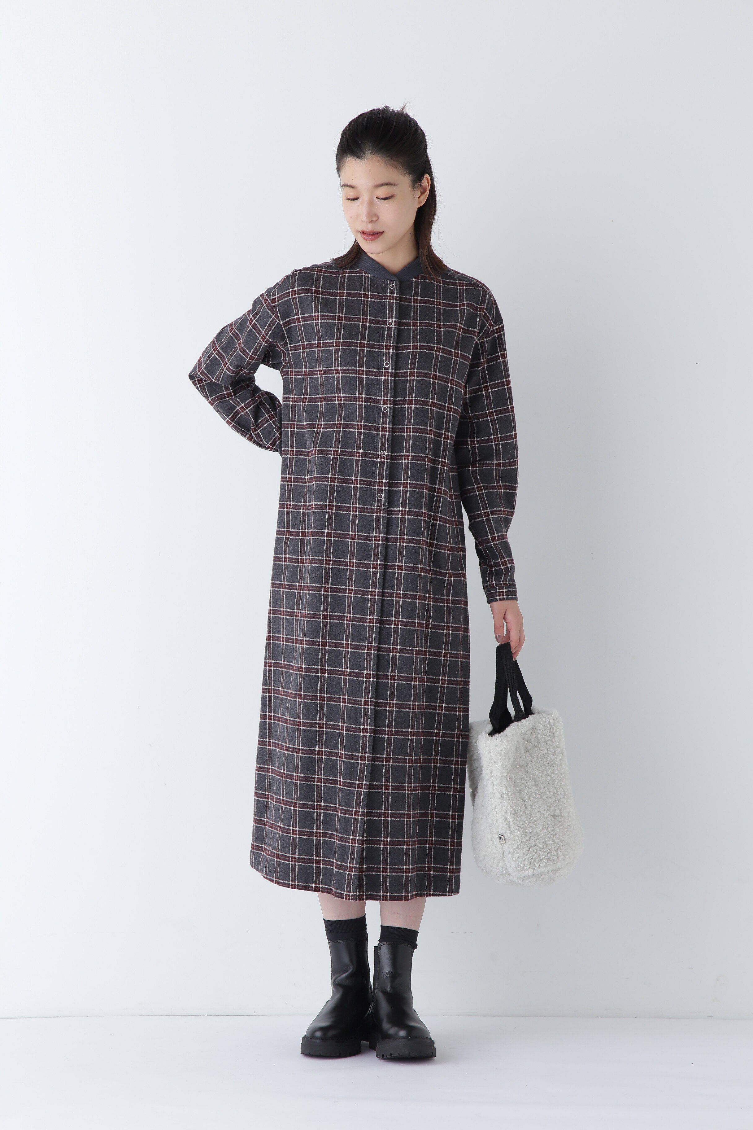  「◆コットン起毛チェックリブカラーシャツワンピース」|ワンピース|