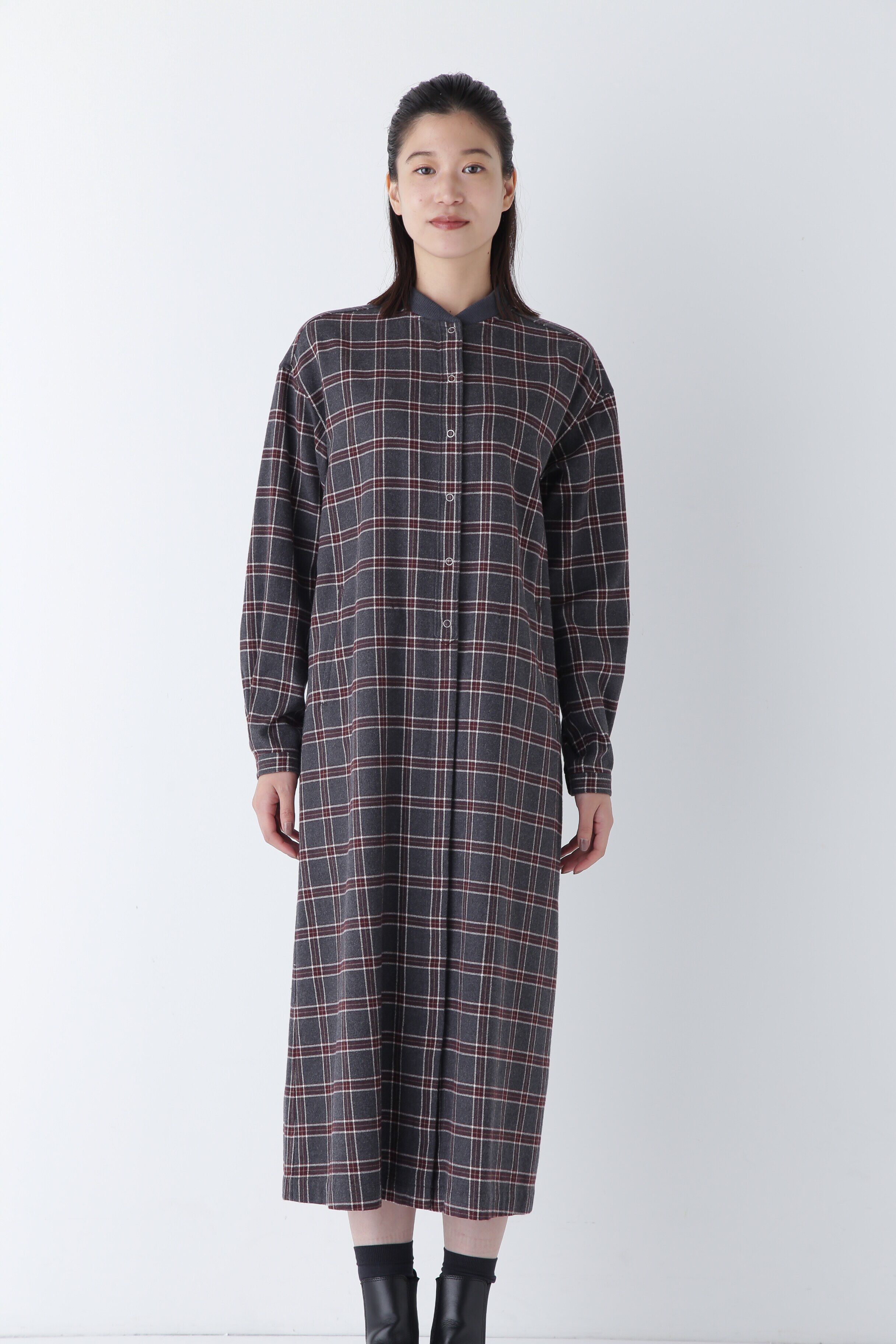  「◆コットン起毛チェックリブカラーシャツワンピース」|ワンピース|