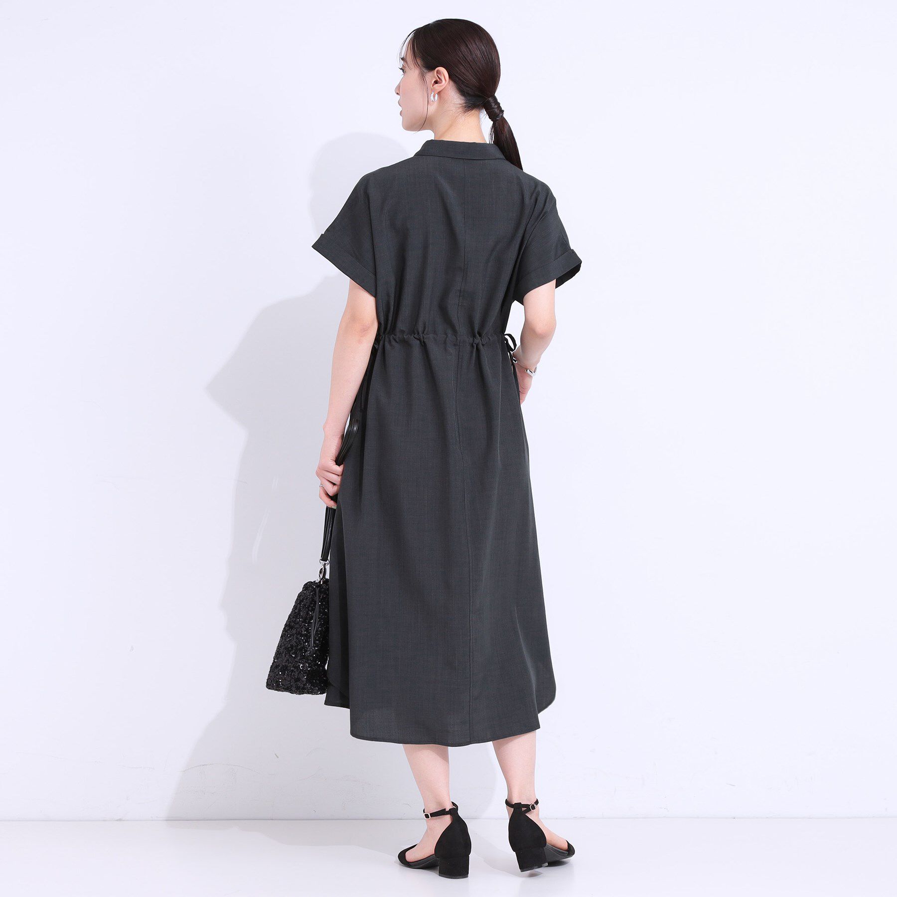 SHOO･LA･RUE「【S-LL】お顔周りすっきり 麻調スキッパーシャツワンピース」|ワンピース|