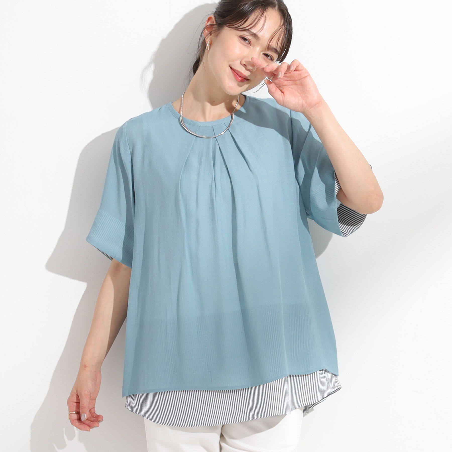 SHOO･LA･RUE「【洗える/S-LL】着るだけでコーデが決まる 裾レイヤードトップス」|Tシャツ・カットソー|ブルー(092)